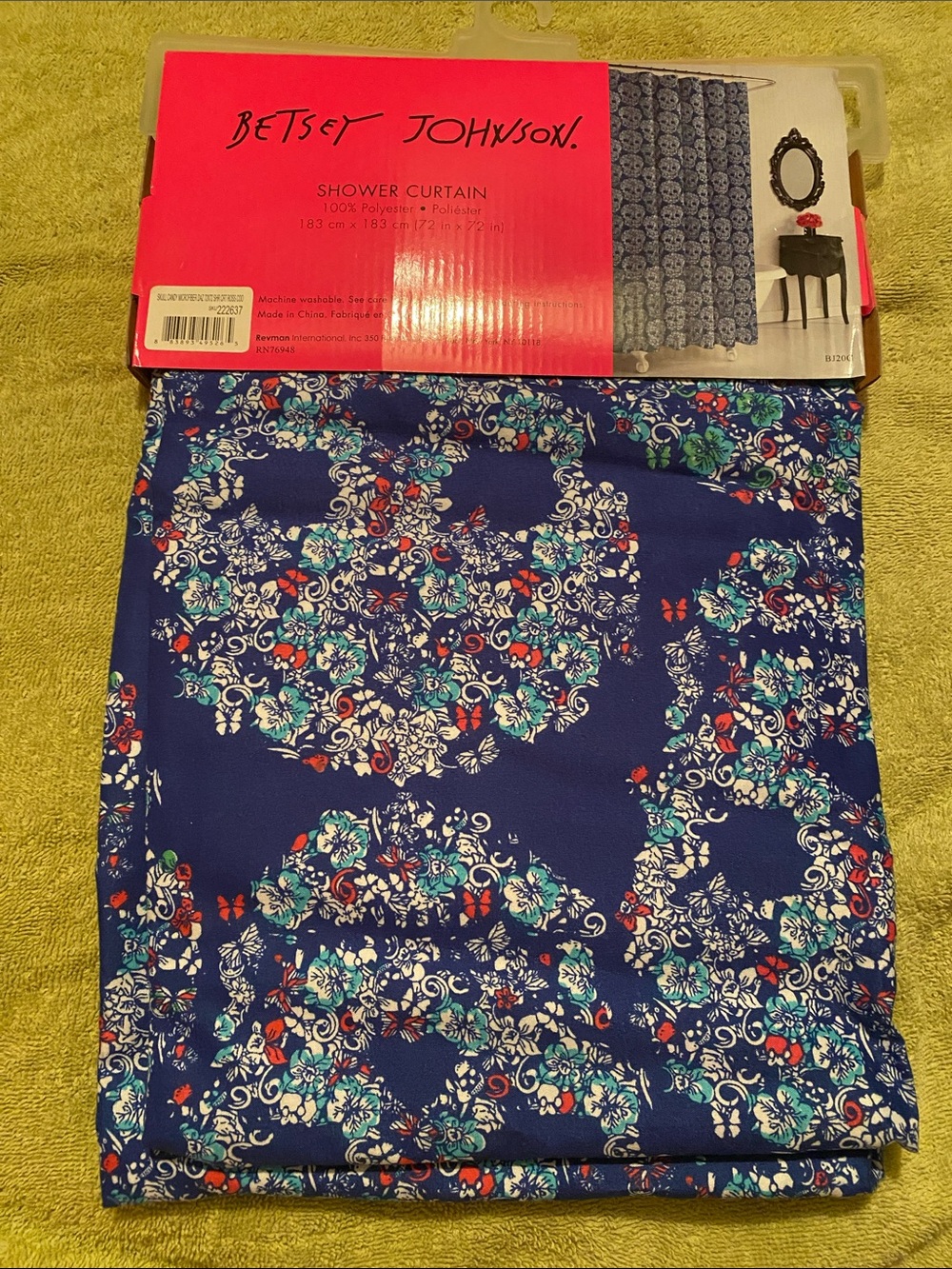 Betsey Johnson Navy Blue Floral  Shower Curtain